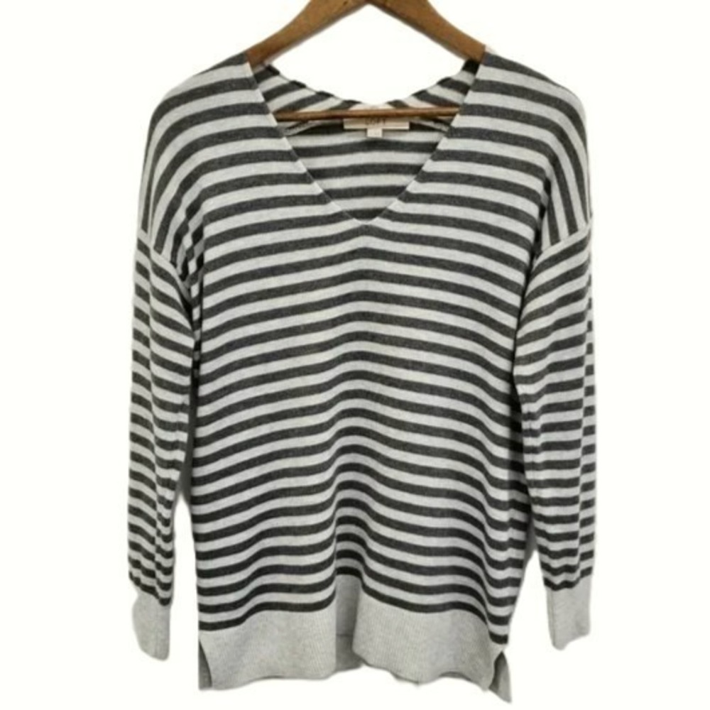 LOFT Womens S Gray White‎ Striped V-Neck Long Sleeve Knit Sweater Pullover